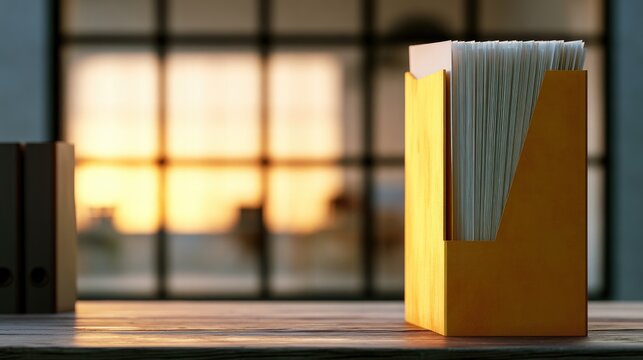 Sunlight streams on desk with papers in holder and binders