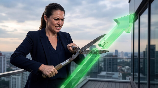 Businesswoman cutting glowing green growth arrow with large shears on city rooftop