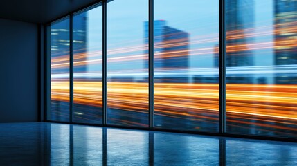 Fototapeta premium Modern interior overlooks cityscape with blurred streaks of light from passing vehicles