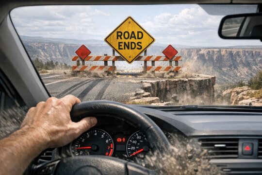 A person driving a car on a road that ends, with a visible road end sign