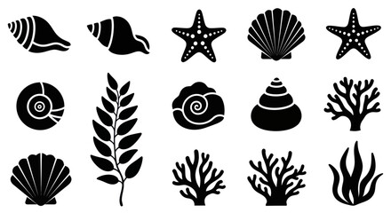 Collection of Black and White Sea Life Icons: Shells, Starfish, Coral, Seaweed © rahma