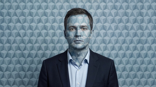 Businessman with geometric pattern on face merging with wall background