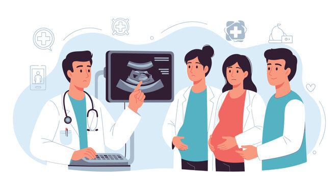 Doctor showing ultrasound scan to expecting parents