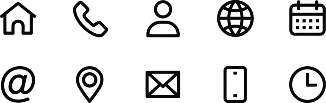 Contact icon set showcasing home, phone, user, globe, email, calendar, and location elements designed as a modern communication vector illustration with interface detail symbols.