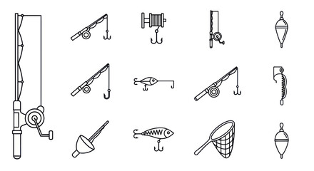 Fishing Gear Icons: Rods, Reels, Lures, Floats, Net, Hooks © rahma