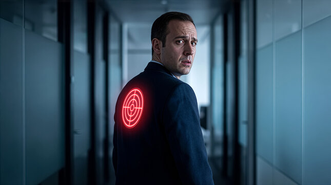 Stressed businessman with glowing target symbol on his back in office corridor