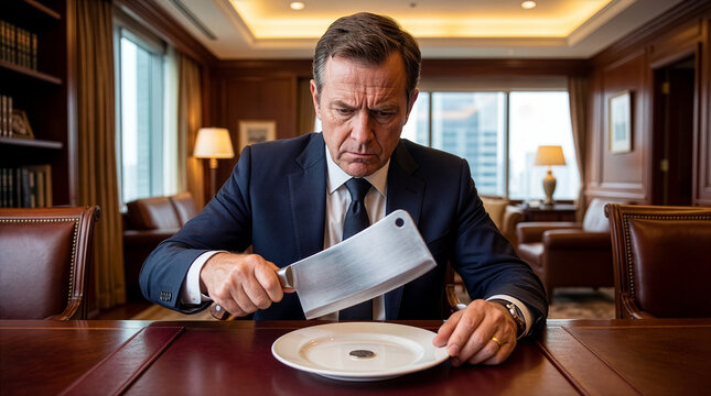 Serious businessman holding a meat cleaver over a tiny coin on a plate in an executive office