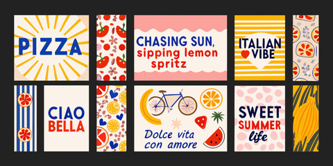 italian summer postcard set vibrant grid of travel themed designs © SagoriRani