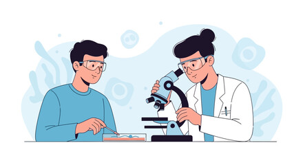 Fototapeta premium Scientists examining samples under microscope in laboratory, science and research