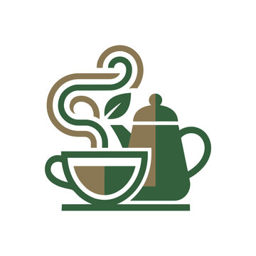 Modern green tea or coffee shop logo with pot cup and leaf steam vector illustration.