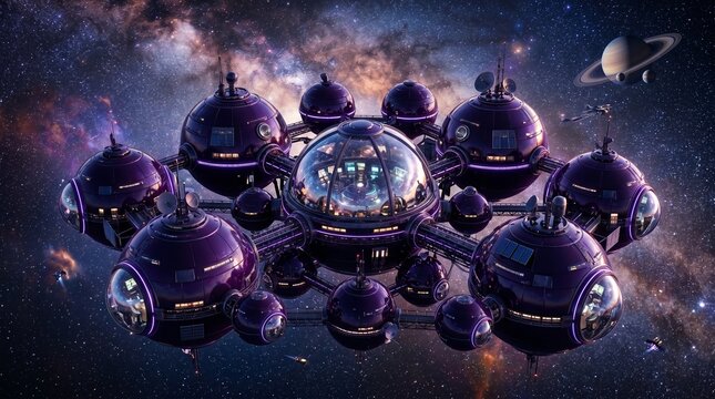 Futuristic ring shaped space station with central command hub and modular spherical pods in deep space near planet Saturn.