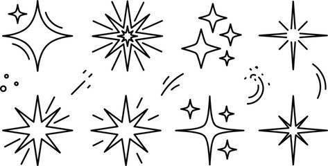 Minimalist sparkle and star line art bundle featuring glowing bursts magic twinkles shine effects and black decorative vector icons © MDSAIFUL