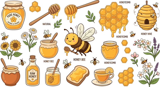 PrintCute Honey and Honeybee Vector Clipart Set Featuring Honey Jars Wooden Dippers Honeycomb Structures Beehives Sunflowers and Chamomile Flowers