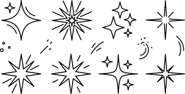 Minimalist sparkle and star line art bundle featuring glowing bursts magic twinkles shine effects and black decorative vector icons