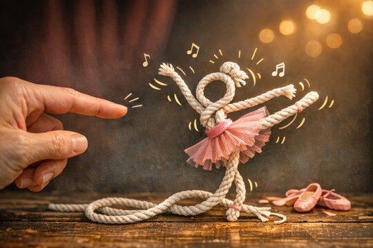 A person holding a rope with a ballerina figure on it, great for dance or performance-related uses