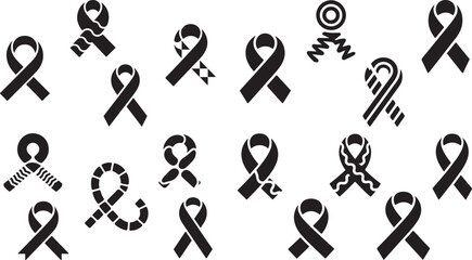 Fototapeta premium Collection of various awareness ribbon icons in different designs on white background