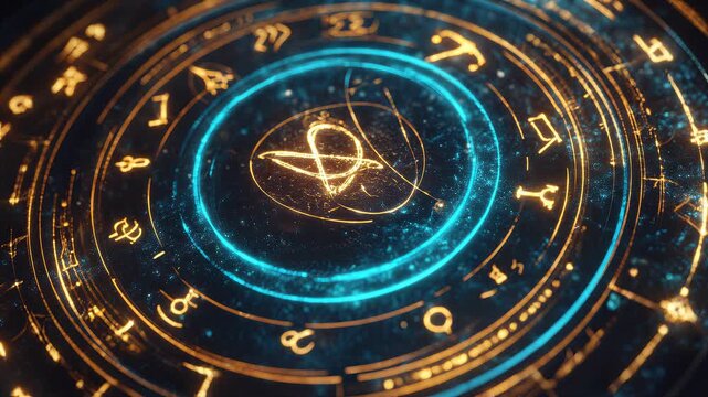 Astrology chart with glowing blue and gold zodiac symbols celestial navigation tool for horoscope and star sign readings mystical ancient astronomy concept