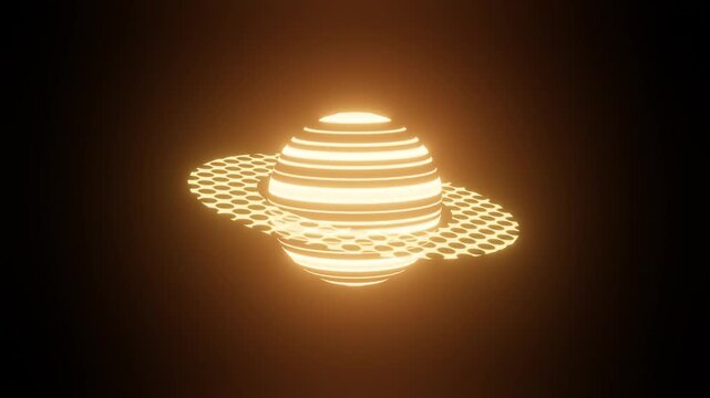 honeycomb ring planet seamless loop animation.  
holographic saturn with rotating hexagonal orbit.  
wireframe sphere with hex grid ring on black.  