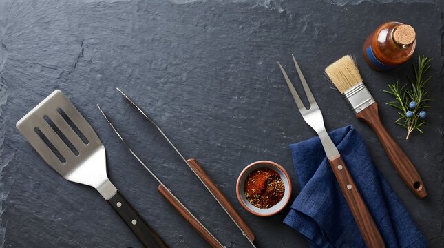Flat lay of professional BBQ grill tools on a dark slate background