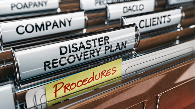 A close-up view of a file organizer with labeled folders for business procedures and disaster recovery plans