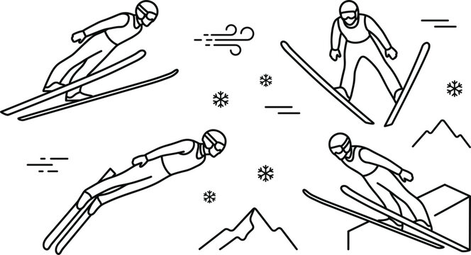 Minimalist winter sports ski jumping line art set featuring skiers jumping midair slopes mountains snowflakes and black action vector icons