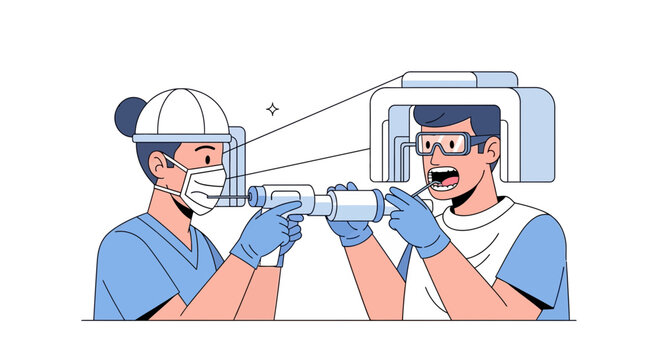 Dentist uses panoramic X-ray machine on patient for dental exam