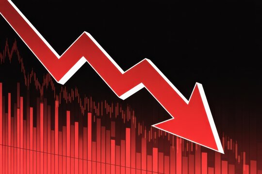 Red downward arrow graph on black background