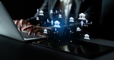 Naklejka premium Online banking and digital banking innovation combining finance and technology, optimizing online banking systems, mobile banking services, and fintech for seamless experience. Spline