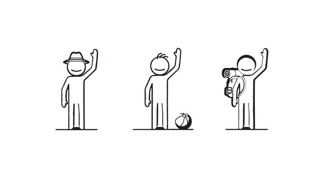 Three stick figures celebrating with raised arms joyfully.