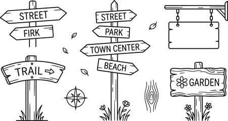 Minimalist wooden signpost line art bundle featuring street signs trail markers garden boards hanging plaque and black vector pointers © MDSAIFUL