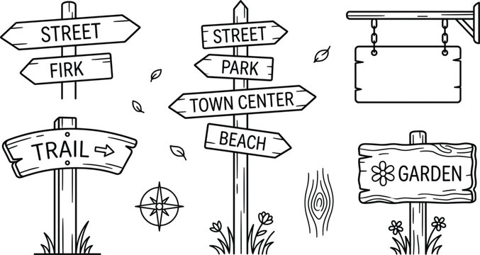 Minimalist wooden signpost line art bundle featuring street signs trail markers garden boards hanging plaque and black vector pointers