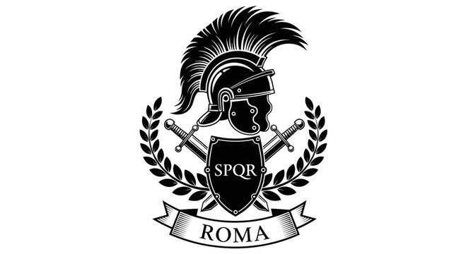 SPQR Roman Helmet, Swords, Laurel Wreath and Roma Banner Emblem