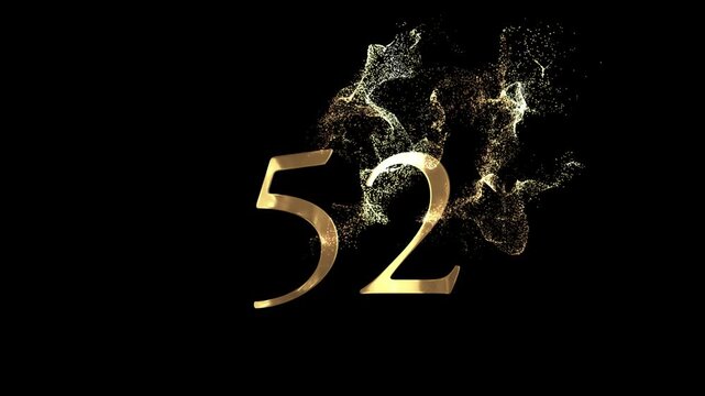 Golden number 52 from particles, numbering, fifty two, golden numbers, alpha channel, numerology, beautiful golden numbers with particles on a transparent background