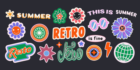 retro summer sticker collection colorful 1970s style design © SagoriRani