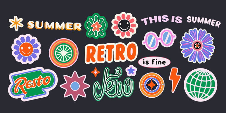 retro summer sticker collection colorful 1970s style design
