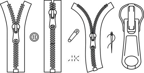 Minimalist zipper line art set featuring open closed zip fasteners sewing button needle safety pin and slider vector elements © MDSAIFUL