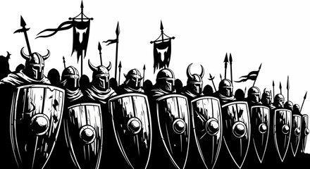 Viking Warriors Army Formation, Shields and Spears, Black and White Illustration © M