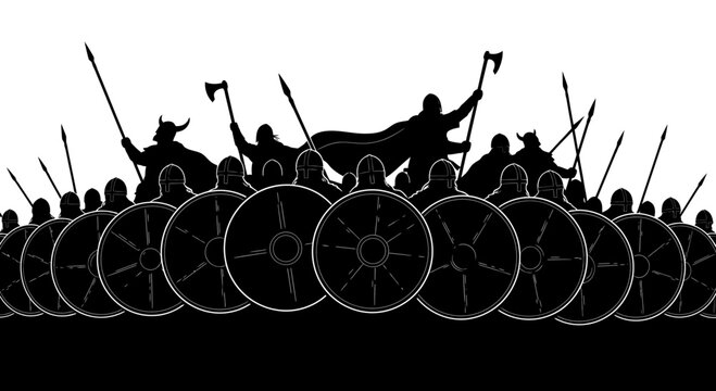 Viking Warrior Army Silhouette with Shields and Axes