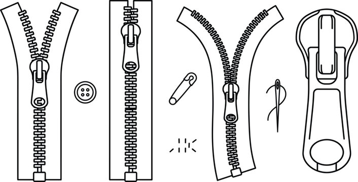 Minimalist zipper line art set featuring open closed zip fasteners sewing button needle safety pin and slider vector elements