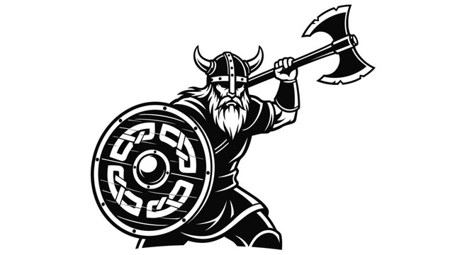 Viking Warrior with Axe and Shield, Nordic Mythology Illustration, Black and White