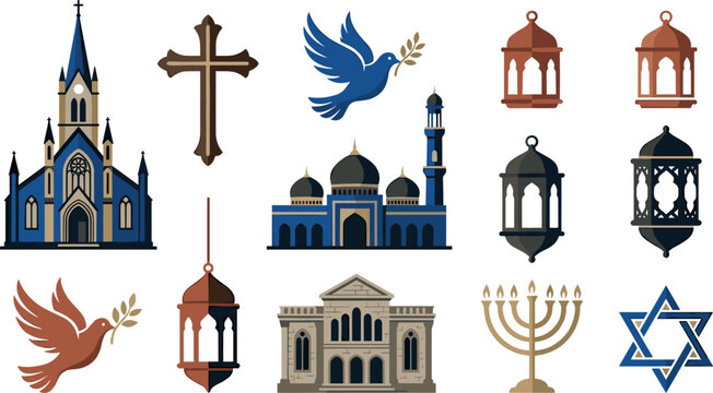 Interfaith Religious Architecture and Sacred Symbols Vector Icon Set Featuring Christian Church Cross Muslim Mosque Fanous Lantern Jewish Synagogue Menorah and Star of David