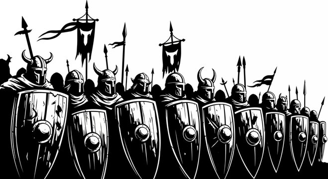 Viking Warriors Army Formation, Shields and Spears, Black and White Illustration