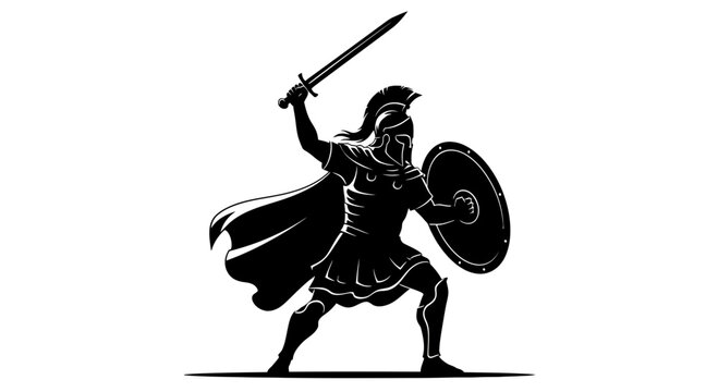 Warrior Silhouette with Sword and Shield, Ancient Roman Soldier