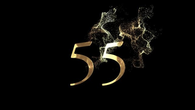 Golden number 55 from particles, numbering, fifty five, golden numbers, alpha channel, numerology, beautiful golden numbers with particles on a transparent background