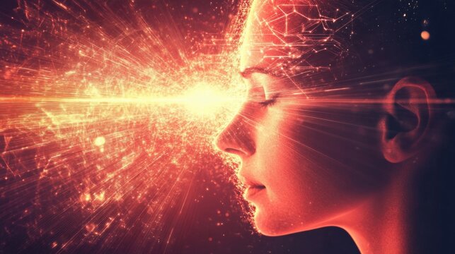 Woman's mind exploding with light, network, energy