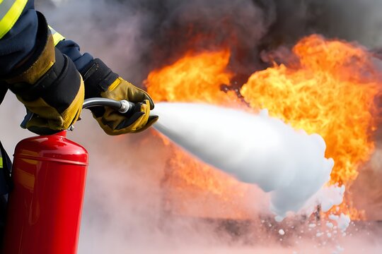 Close-up firefighter in protective gear using extinguisher to spray foam on flames during emergency response, demonstrating safety, training, rapid fire suppression action.