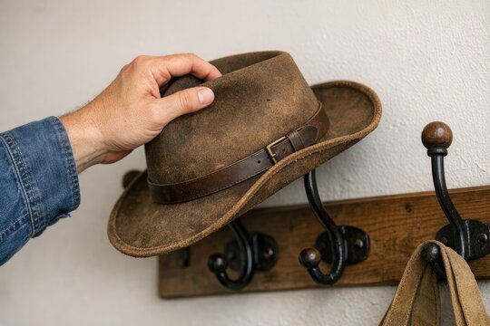 A person holds a hat on a coat rack, a simple storage solution for hats and other accessories