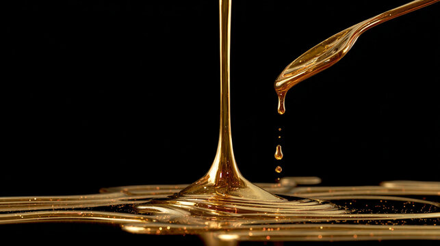 Viscous Golden Liquid Pouring from a Spoon on Black Background.
