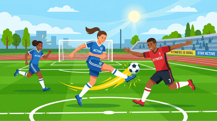Fototapeta premium Vector illustration of women and men playing soccer together in an outdoor stadium during a sunny day.