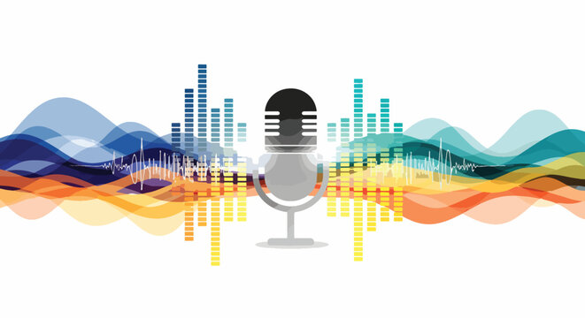 Flat lay illustration of a microphone with colorful sound waves and audio spectrum bars on a white background.